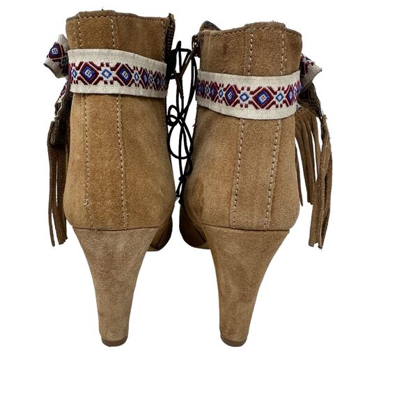 High Heel Fringe Ankle Booties Womens SZ 7.5 Brown Suede Boho Western Cowgirl - Picture 6 of 11